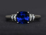 2ct Cushion Cut Blue Sapphire Solitaire Round Accent Ring 14k White Gold Finish