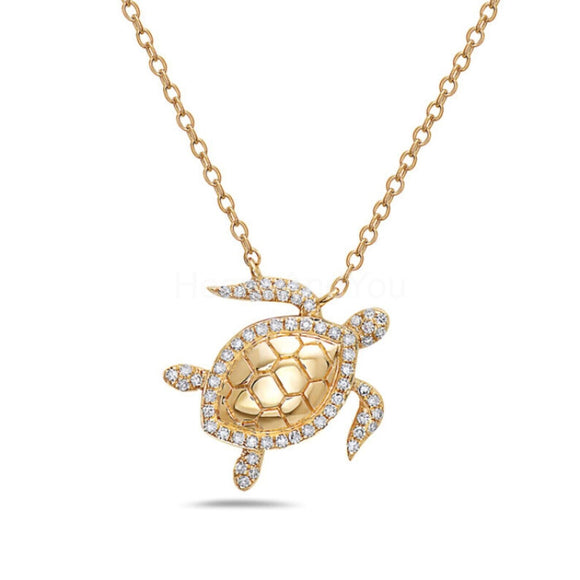 0.12ct Round Cut Moissanite Turtle Pendant with Chain 14k Yellow Gold Plated