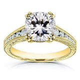 3.5ct Cushion Diamond Vintage Solitaire Ring 14K Yellow Gold Over Round Accent