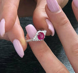 2ct Oval Pink Ruby Engagement Ring Trillion Accent Trilogy 14k White Gold Finish