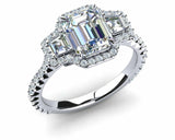 3ct Emerald Cut Diamond 3 Stone Halo Fancy Engagement Ring 14k White Gold Finish