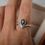 2ct Pear Black Diamond Tear Drop Solitaire Engagement Ring 14k White Gold Finish
