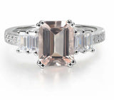 3ct Emerald Cut Peach Morganite Baguette Step Solitaire Ring 14k White Gold Over