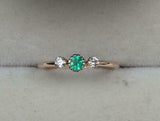 0.65ct Round Cut Green Emerald Minimalist Trilogy Ring 14k Yellow Gold Finish