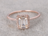 1.3ct Emerald Cut Diamond Halo Solitaire with Accents Ring 14k Rose Gold Finish