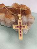 1ct Round Cut Pink Ruby Pendant with Chain Milgrain Cross 14k Yellow Gold Finish