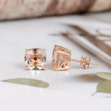 2ct Cushion Cut Peach Morganite Solitaire Women Stud Earrings 14k Rose Gold Over