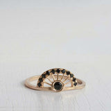 1ct Engagement Ring Round Cut Black Diamond Sun Crown 14k Yellow Gold Finish