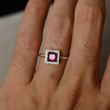 1.3ct Princess Cut Pink Ruby Engagement Ring 14k WhiteGold Finish Halo Solitaire