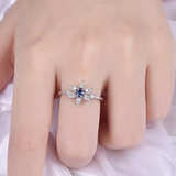 0.3ct Round Blue Sapphire Engagement Ring Floral Diamond Halo 14k WhiteGold Over