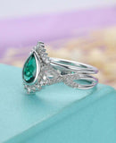 3ct Pear Cut Green Emerald Engagement Ring Curved Bridal Set 14k White Gold Over