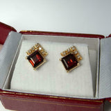 1.5ct Princess Red Garnet Square Crown Design Stud Earrings 14k Yellow Gold Over