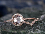 3.5ct Round Peach Morganite Halo Bridal Set Engagement Ring 14K Rose Gold Over
