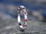 1Ct Princess Cut Pink Ruby And Diamond Wedding Band Ring 14K White Gold Finish