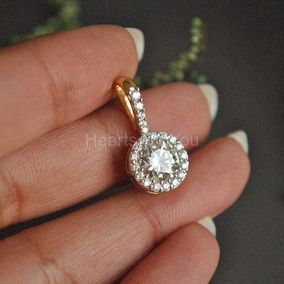 1ct Round Cut Moissanite Classic Halo Pendant 14K Yellow Gold Plated NO CHAIN