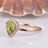 1ct Pear Cut Green Peridot Halo Solitaire Engagement Ring 14k Rose Gold Finish