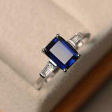 2ct Emerald Cut Blue Sapphire Engagement Ring Three Stone 14k White Gold Finish
