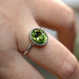 2ct Oval Green Peridot Engagement Ring Diamond Halo Solitaire 14k WhiteGold Over