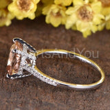 1ct Cushion Cut Simulated Peach Morganite Hidden Halo Ring 14k Rose Gold Plated