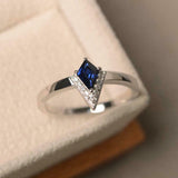 0.5ct Engagement Ring Kite Cut Blue Sapphire V Shape Crown 14k White Gold Finish