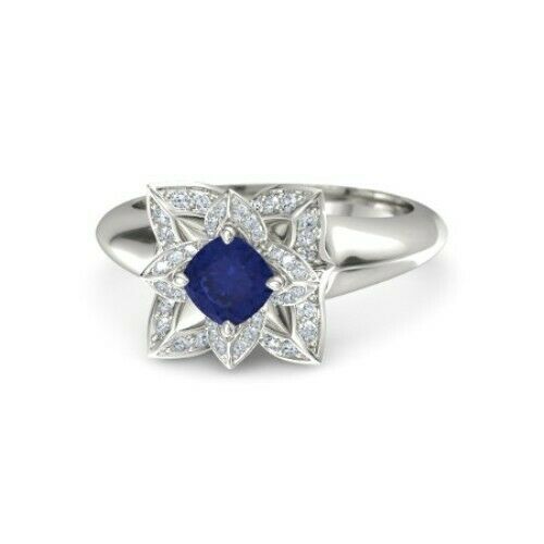 3Ct Cushion Cut Blue Sapphire Diamond Floral Engagement Ring 14K White Gold Over