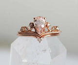 1.5ct Pear Cut Peach Morganite Crown Tiara Bridal Set Ring 14k Rose Gold Finish