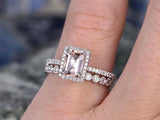 4ct Emerald Cut Peach Morganite Bridal Set Halo Ring Band 14K White Gold Over