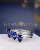 2.3ct Pear Cut Simulated Blue Sapphire Solitaire Trio Set 14k White Gold Plated