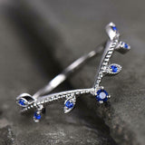 0.5ct Wedding Band Round Cut Blue Sapphire Curved Leaf Bridal 14k WhiteGold Over