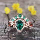 2.3ct Engagement Ring Pear Cut Emerald Crown Tiara Bridal Set 14k Rose Gold Over