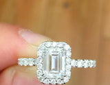 Halo Solitaire Engagement Ring 1.9ct Emerald Cut Diamond 14k White Gold Finish