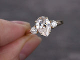 1.5ct Pear Cut Peach Morganite Engagement Ring Diamond Trilogy 14k RoseGold Over