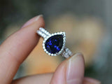 2.2ct Engagement Ring Pear Cut Blue Sapphire Halo Bridal Set 14k White Gold Over