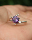 1ct Engagement Ring Round Purple Amethyst Bypass Solitaire 14k White Gold Finish