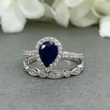 1.6ct Pear Cut Blue Sapphire Halo Bridal Set Engagement Ring 14k White Gold Over
