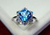 2.25ct Engagement Ring Round Cut Blue Topaz Flower 14k White Gold Finish