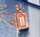 2ct Emerald Cut Simulated Morganite Solitaire Pendant Chain 14k Rose Gold Plated