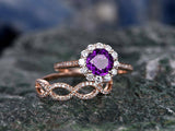3Ct Round Purple Amethyst Bridal Set Floral Ring Infinity Band 14K RoseGold Over