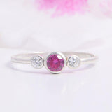 0.9ct Round Cut Pink Ruby Engagement Ring Diamond Trilogy 14k White Gold Finish