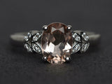 3ct Oval Cut Peach Morganite Leaf Accent Solitaire Ring 14k White Gold Finish