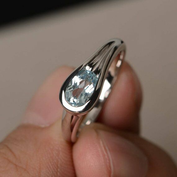 0.75ct Oval Cut Blue Aquamarine Solitaire Engagement Ring 14k White Gold Finish