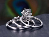 3pc Trio Wedding Bridal Set Vintage Band Engagement Ring 14k White Gold Finish