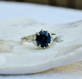 2ct Engagement Ring Oval Cut Blue Sapphire Leaf Accents 14k White Gold Finish