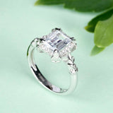 2Ct Emerald Cut Diamond Leaf Inspired Halo Engagement Ring 14K White Gold Finish