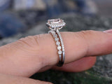 4ct Emerald Cut Peach Morganite Bridal Set Halo Ring Band 14K White Gold Over