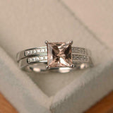 2ct Engagement Ring Princess Cut Peach Morganite Bridal Set 14k WhiteGold Finish
