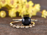 Cushion Cut Black Diamond Bridal Set Engagement Ring 14k Yellow Gold Finish