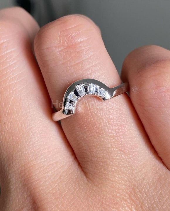 0.12ct Baguette Cut Simulated Diamond Curved Wedding Band 14k White Gold Plated