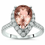 4.5ct Pear Cut Peach Morganite Halo Ring 14K White Gold Over with Round Accents