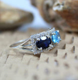 2.5ct Engagement Ring Oval Blue Sapphire Rectangular Halo 14k White Gold Over